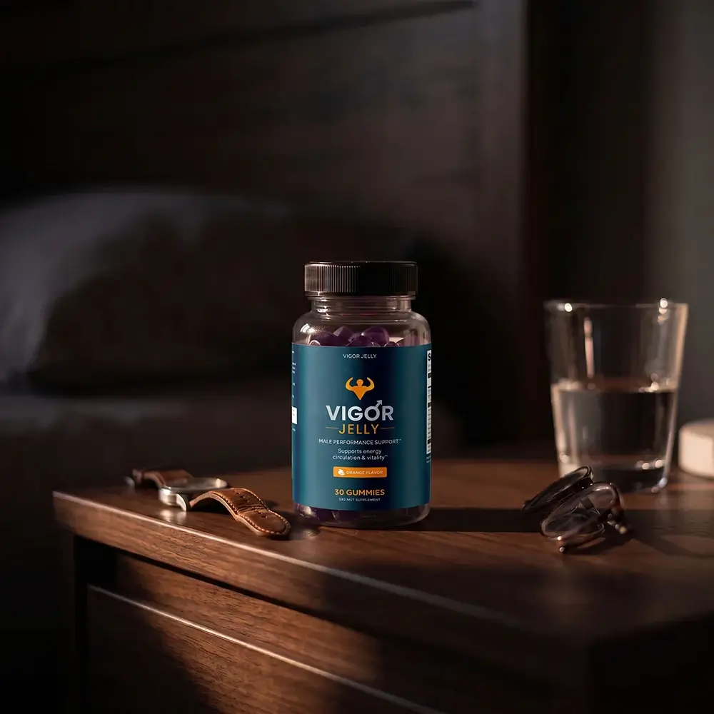 A jar of VigorJelly on a nightstand at dawn
