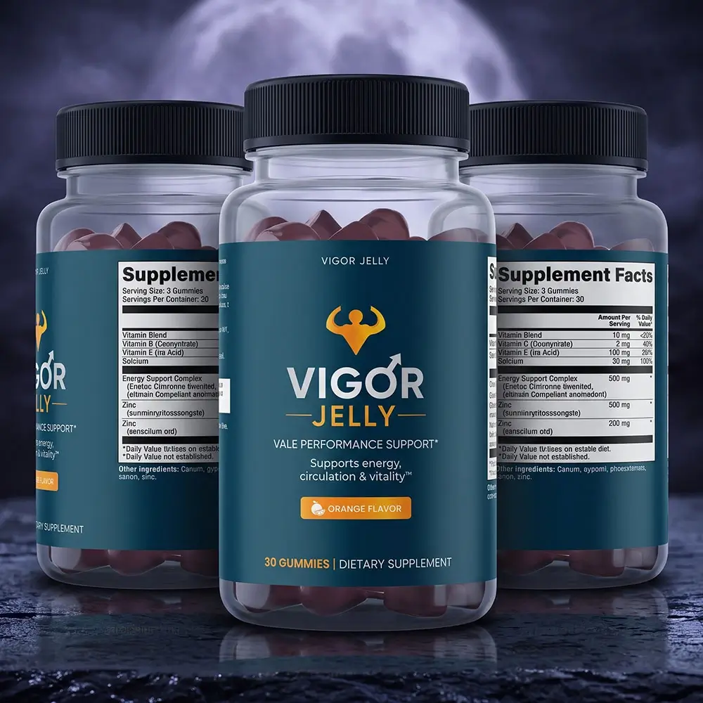 Three jars of VigorJelly on wet slate under moonlight